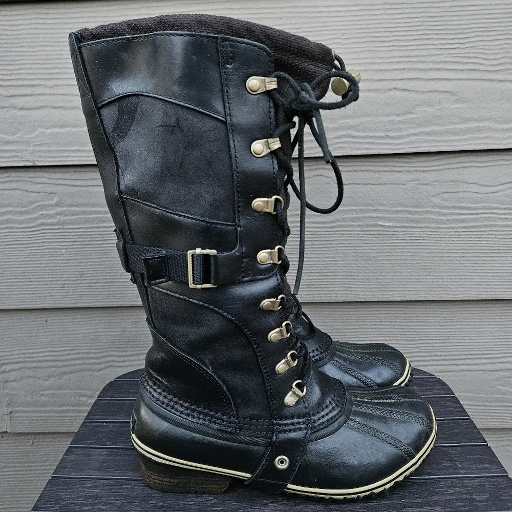 Sorel Black Leather Conquest Carly Boots Womens Size 8 Rubber Tall Waterproof